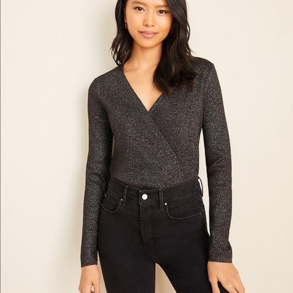 Ann Taylor Women's V-Neck Faux Wrap Sweater | Black & Silver | SP